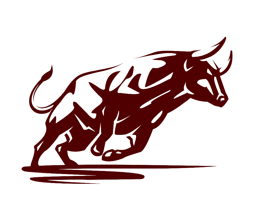 Stylized charging bull illustration, red on black.