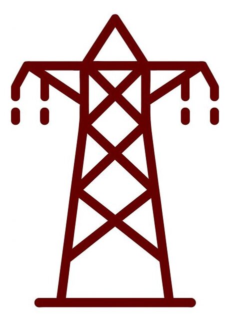 Icon of a power transmission tower in dark red.